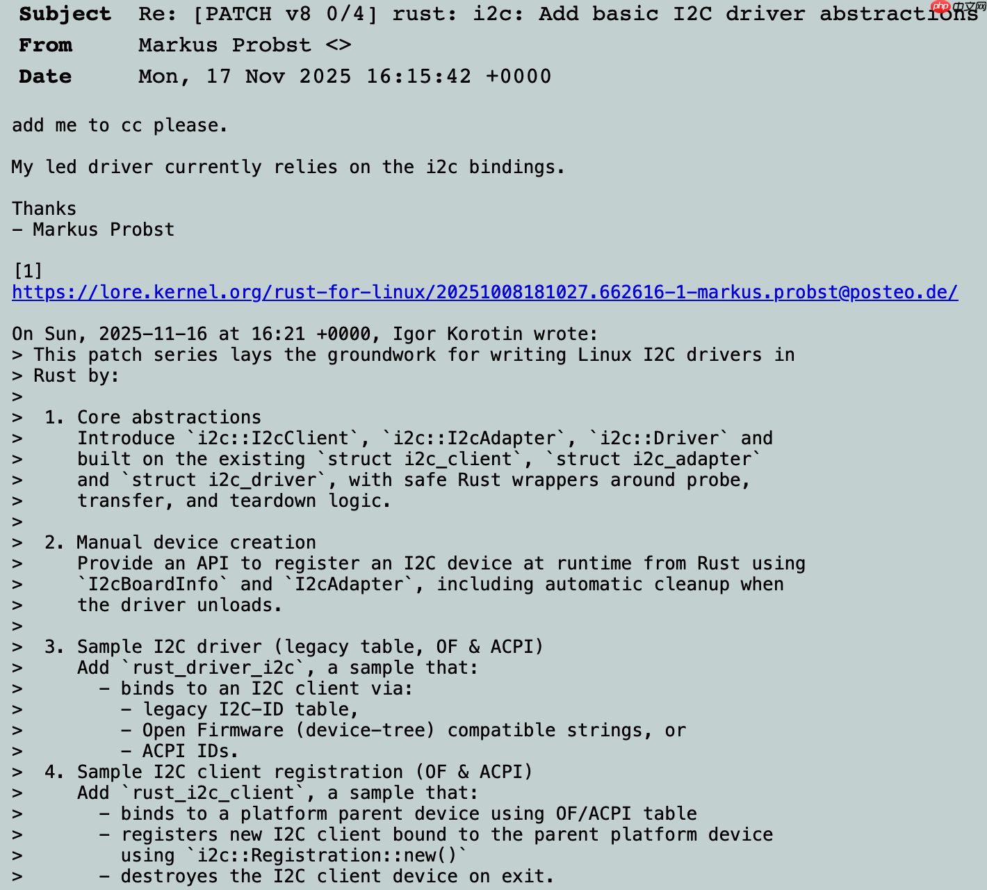Linux 6.19 内核支持使用 Rust 编写 I2C 驱动