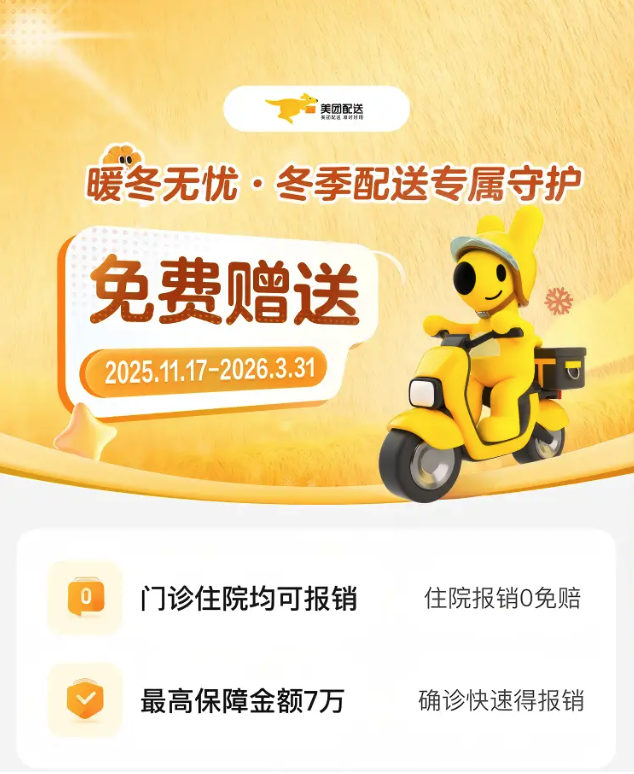 美团冬季守护行动，派送300万份防寒险及多重福利关爱骑手安全