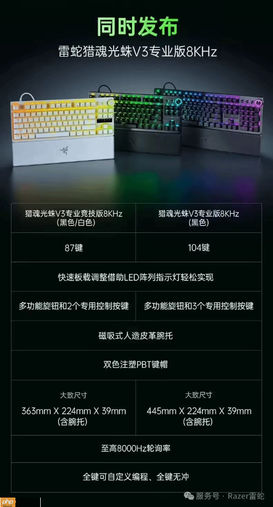 1999 元雷蛇猎魂光蛛 V3 专业版 8KHz 系列键盘发布：第二代 Razer 模拟光轴，人造皮革腕托 + 双色注塑 PBT 键帽