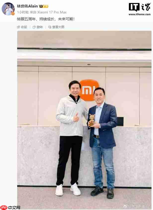 小米集团副总裁兼首席财务官林世伟入职 5 周年，雷军亲自颁发“金米兔”