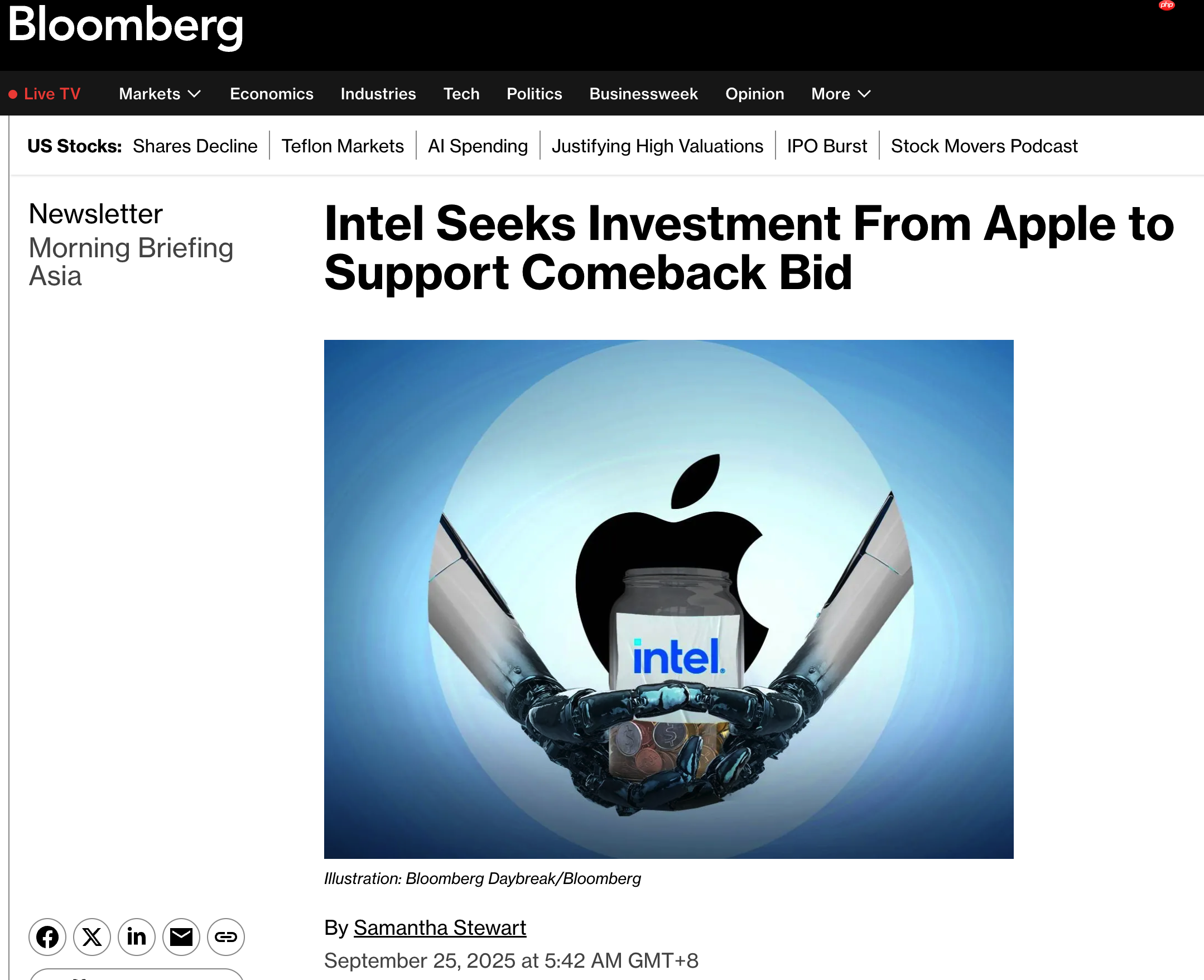 英特尔寻求获得苹果投资，双方已讨论合作