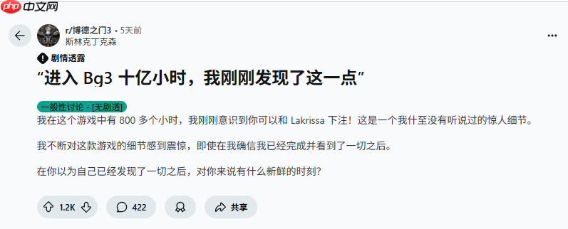 意外之喜!《博德之门3》玩家游玩800小时仍有新发现