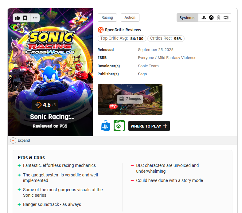 《索尼克赛车:交叉世界》 媒体评分解禁 M站均分83分好评!