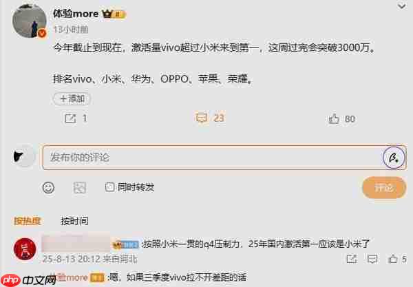 2025年国内手机累计激活量排名：小米第二 苹果第五