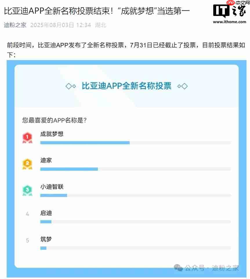 比亚迪 App 全新名称投票结束，“成就梦想”当选第一