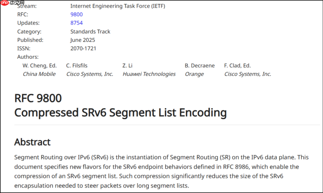 新一代互联网基础协议（SRv6）核心标准 RFC9800 发布，中国移动牵头制定