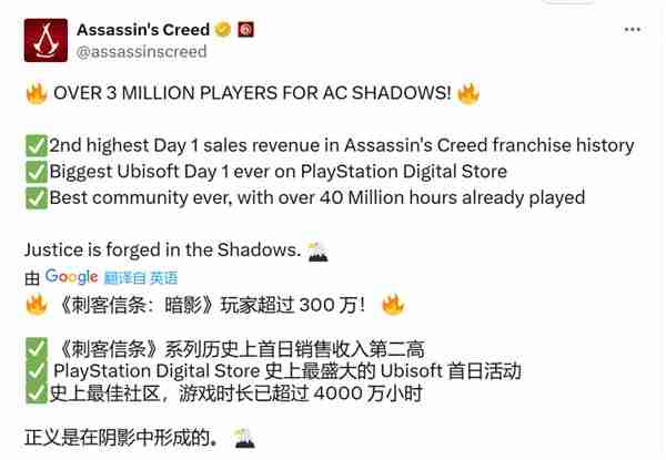 育碧宣布《刺客信条:影》玩家超300万 IGN质疑销量