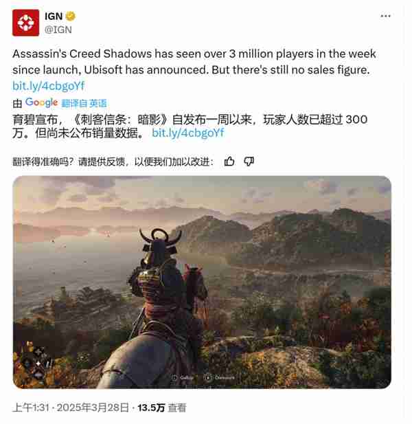育碧宣布《刺客信条:影》玩家超300万 IGN质疑销量