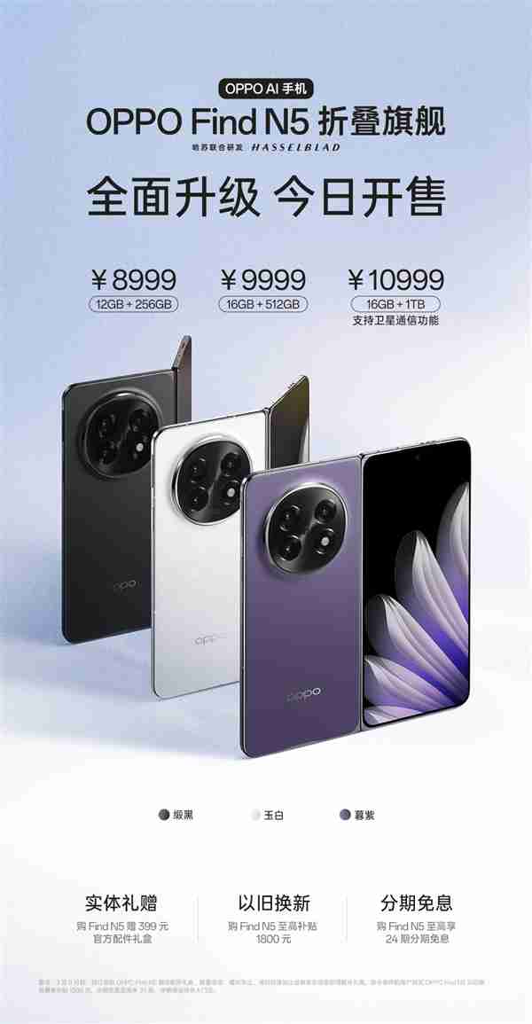 8.93mm全球最薄折叠屏！OPPO Find N5今日首销：8999元起