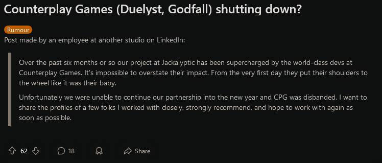 众神陨落开发商 Counterplay Games 或已关闭：游戏行业的波折与变革