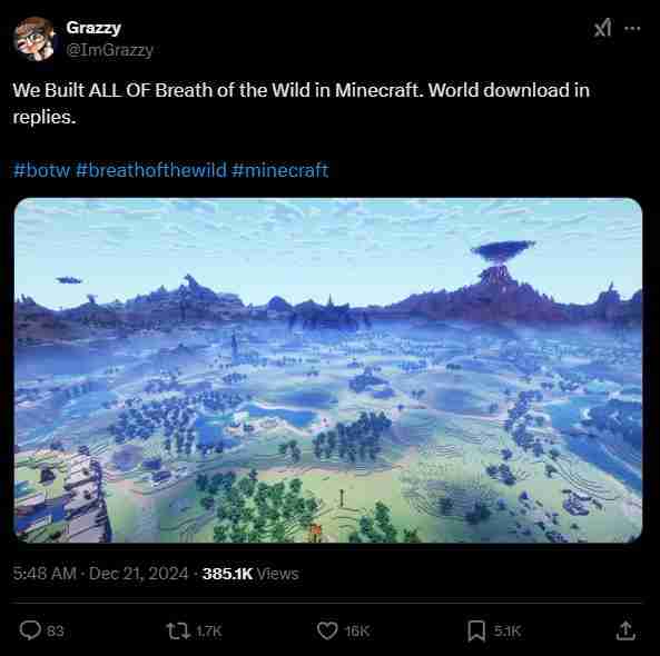 我的世界中的海拉鲁传奇：Grazzy用三年时光重现塞尔达传说：旷野之息的壮丽世界