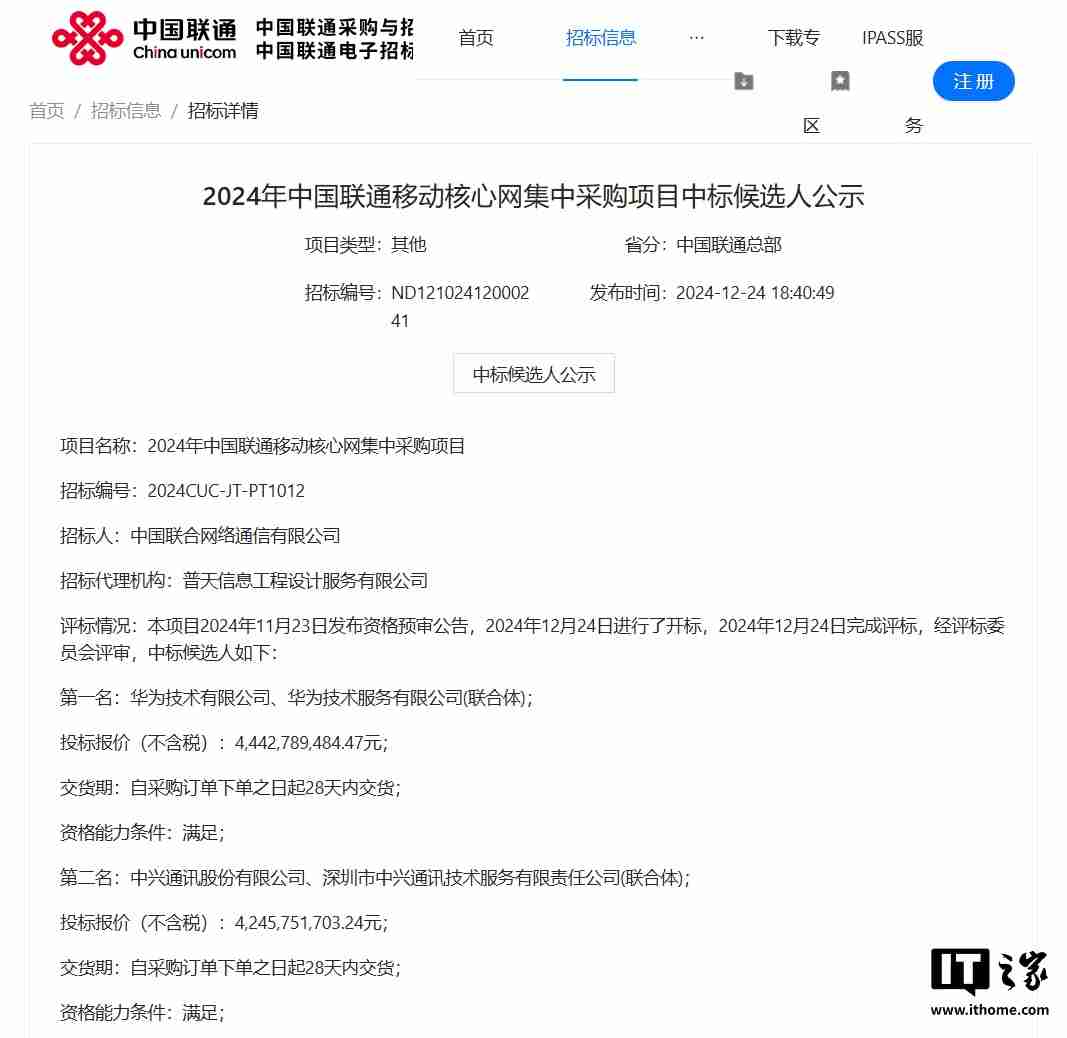 中国联通 2024 年 5G 核心网集采，华为与中兴中标，规模超 40 亿元