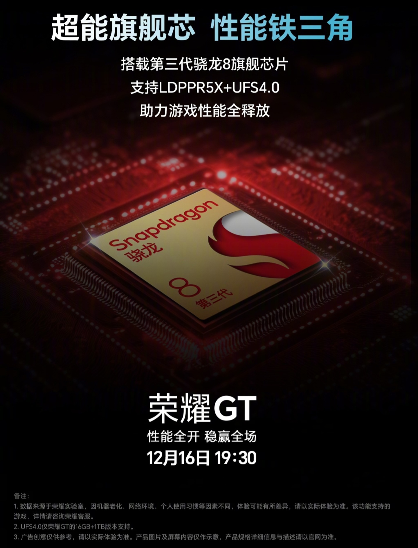 荣耀 GT 手机首发自研幻影引擎，配备“LPDDR5X + UFS4.0 + 骁龙 8 Gen3”性能组合