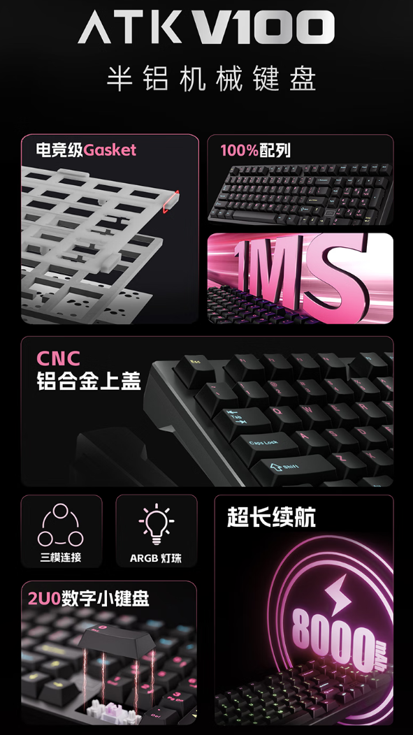 艾泰克 ATK V100 系列半铝机械键盘 249 元起首销：Gasket 结构 + 101 键配列设计