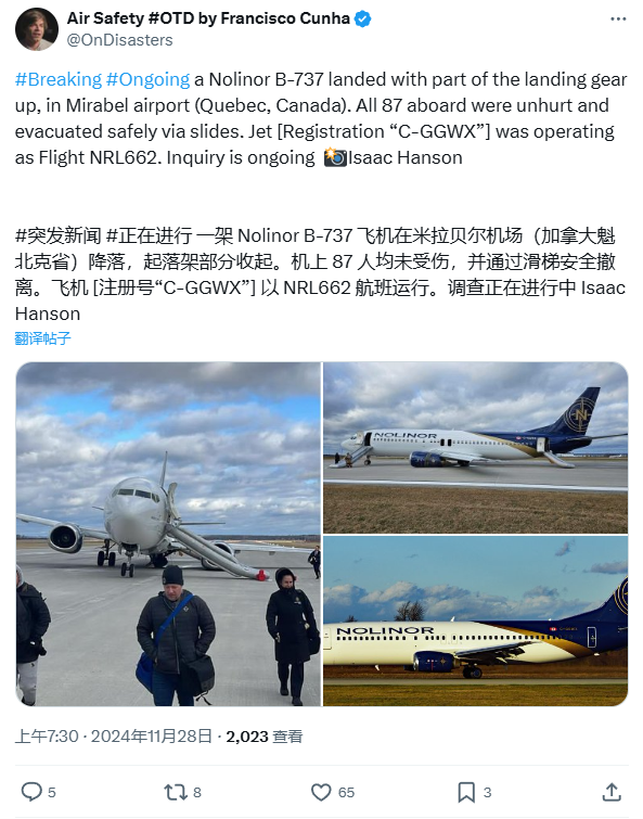 加拿大一波音 737 客机出现故障后迫降,机身倾斜引擎着地