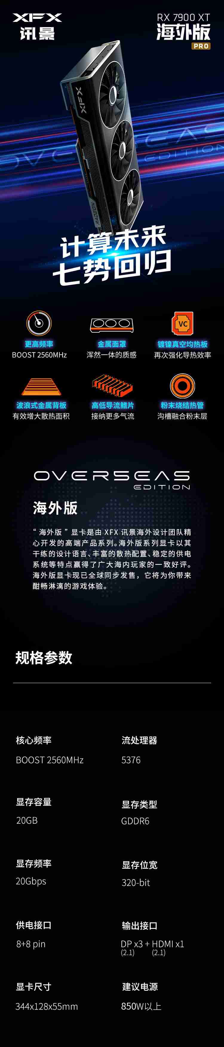 20G 大显存:讯景 RX 7900 XT 海外版 Pro 显卡 4575 元百亿补贴