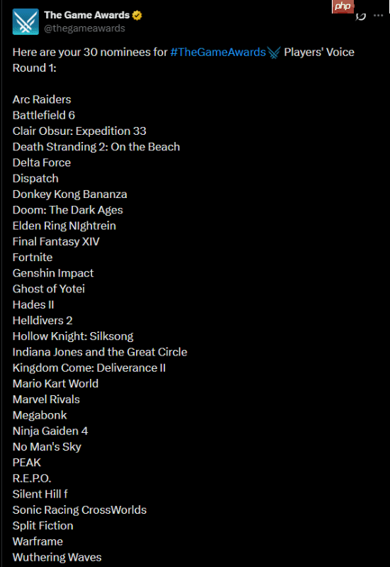 TGA玩家之声提名揭晓，原神、鸣潮等30款游戏角逐荣耀