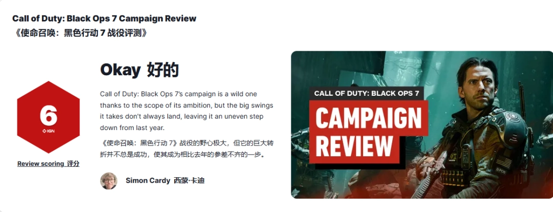 《使命召唤:黑色行动7》M站均分84 IGN6分评价一般!