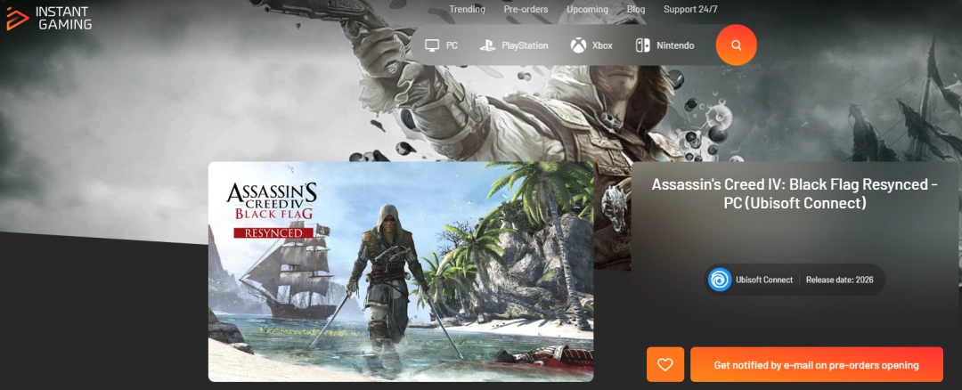 游戏店上架《刺客信条4：黑旗》重制版 2026发售